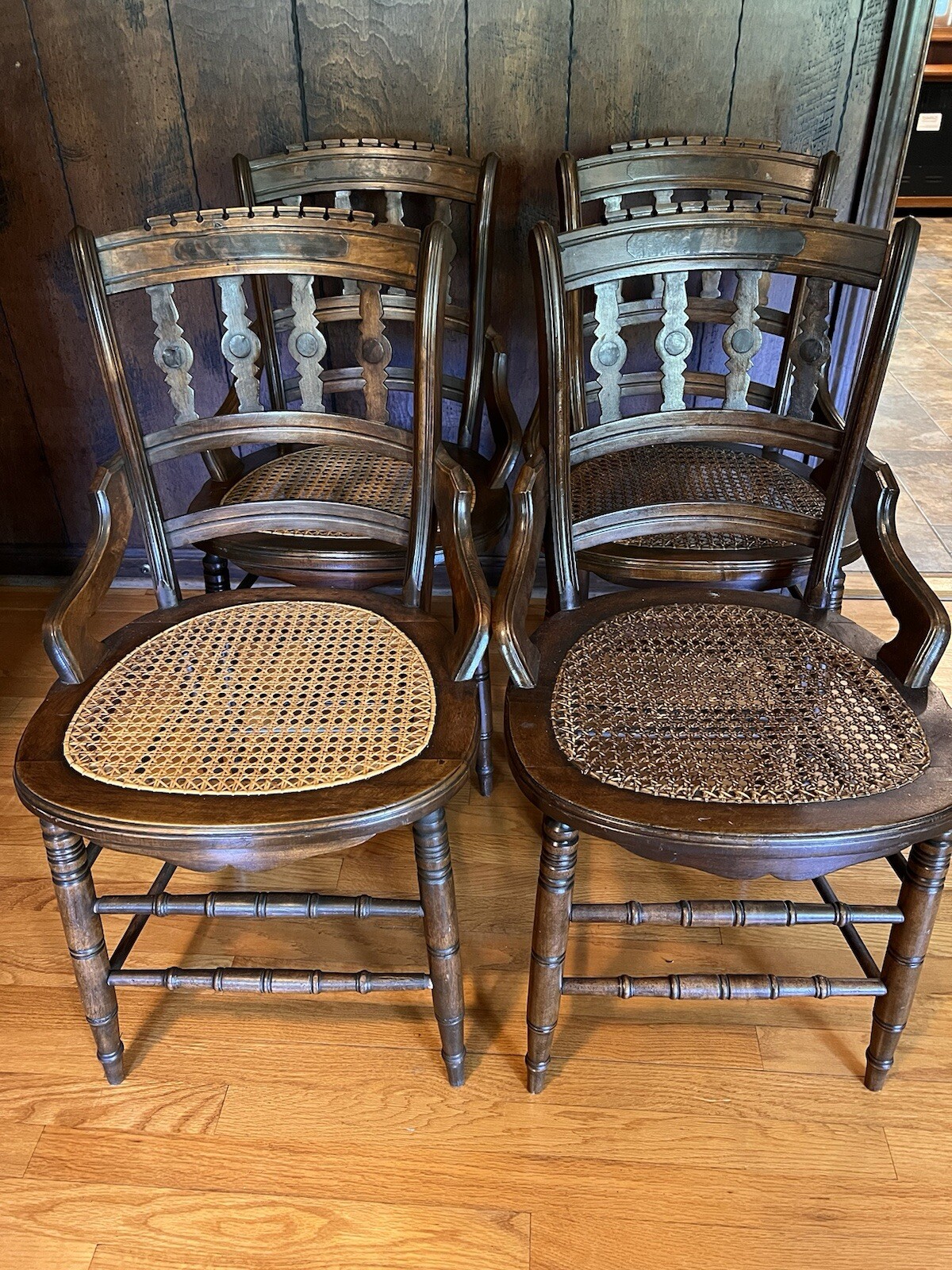 Set of Antique Eastlake Gothic Walnut Cane Chairs