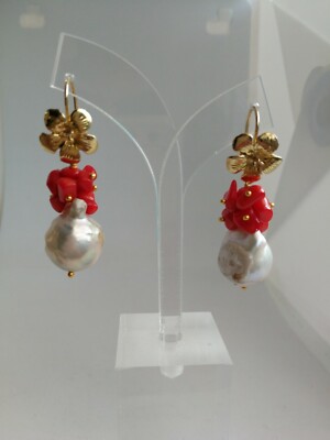 White Baroque Natural Pearl and Red Coral Earrings 