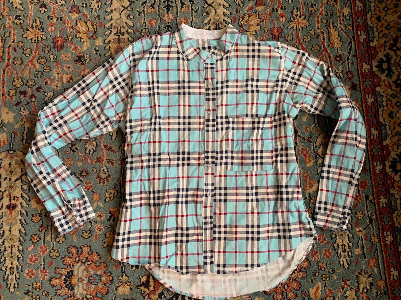 Checkered printed blue button up collarless shirt… - image 1