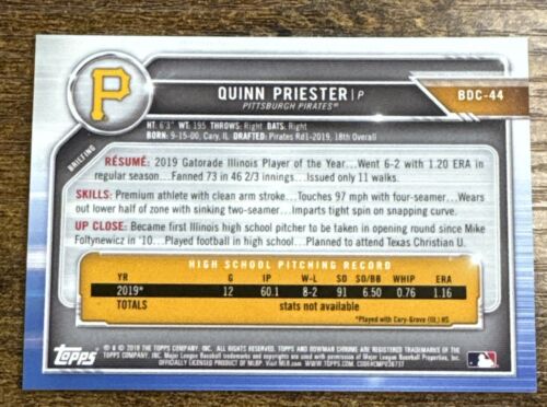 2019 Bowman Chrome Prospect 1st Bowman Gold Refractor /50 Quinn Priester Pirates - Picture 2 of 2