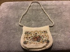 6  Vintage MAGID Pearl White Beaded Handbag with Kneedlepoint Flower Design