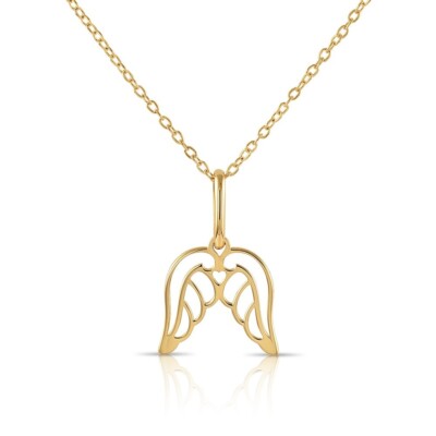 14K Echt Massiv Gelbgold Zierliche Engelsflügel Baby Anhänger Charm Halskette 18 Zoll