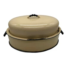 VTG Vollrath Kook King Enamelware Oval Roaster Roasting Pan Beige w/ Cover