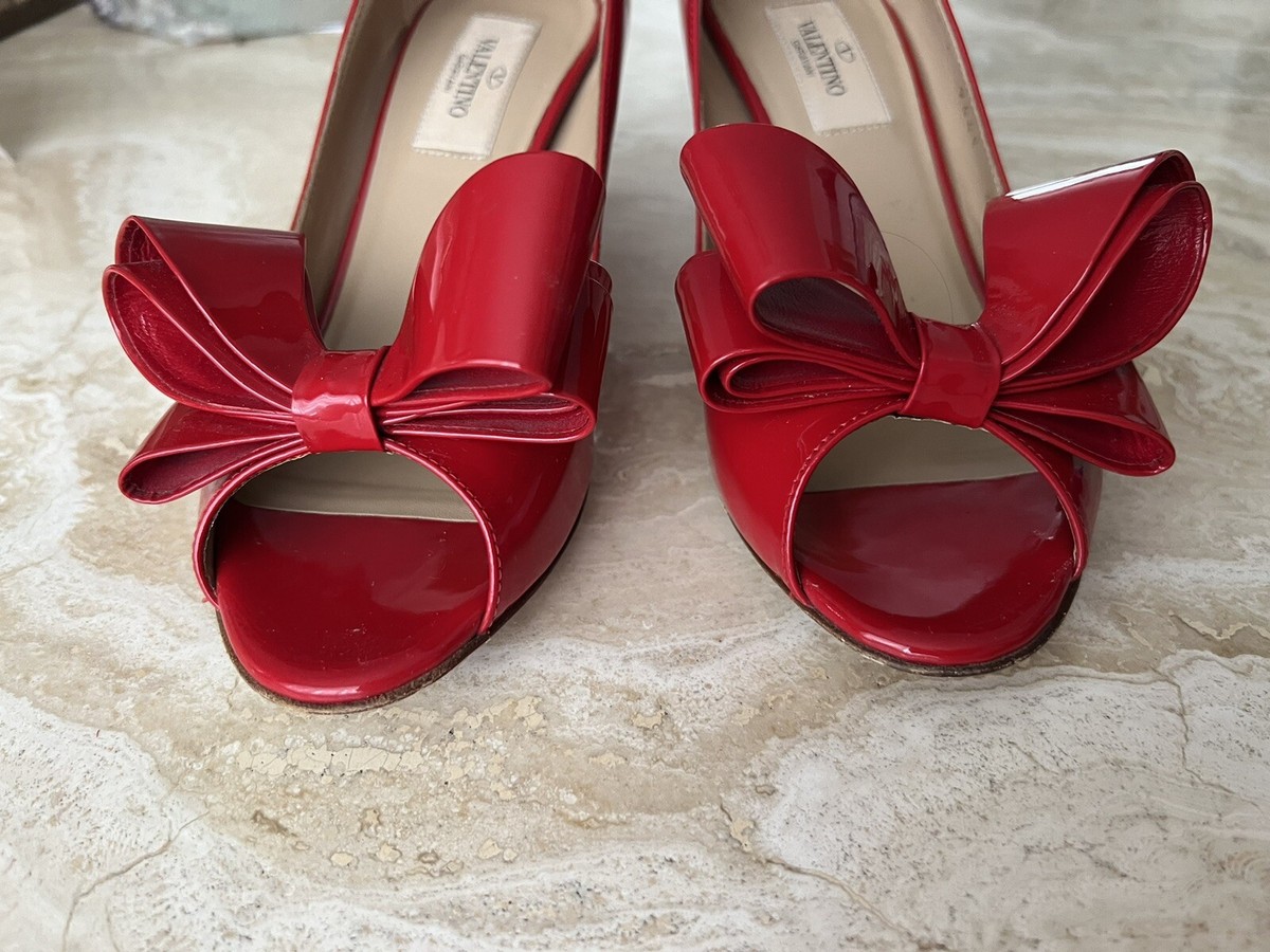 Valentino Bow Ribbon Shoes Red Kitten Heels Patent Leather