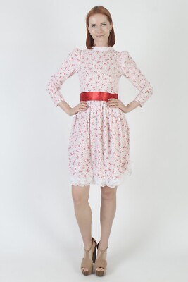 red calico dress Vtg 70s Lightweight Red Calico Floral High Lace Neckline Country Cotton  Dress