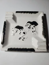 Ceramic Horse Ashtray White Black Trinket Tray Retro Vintage Novelty 7.5" Flaw 