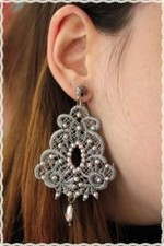 Orecchini pizzo macrame color argento strass punto luce goccia pendente hanmade