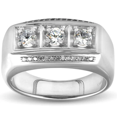 1ct Diamond Mens 10.5MM Heavy White Gold Wedding Ring Anniversary 3 Stone Band - Image 1 of 4