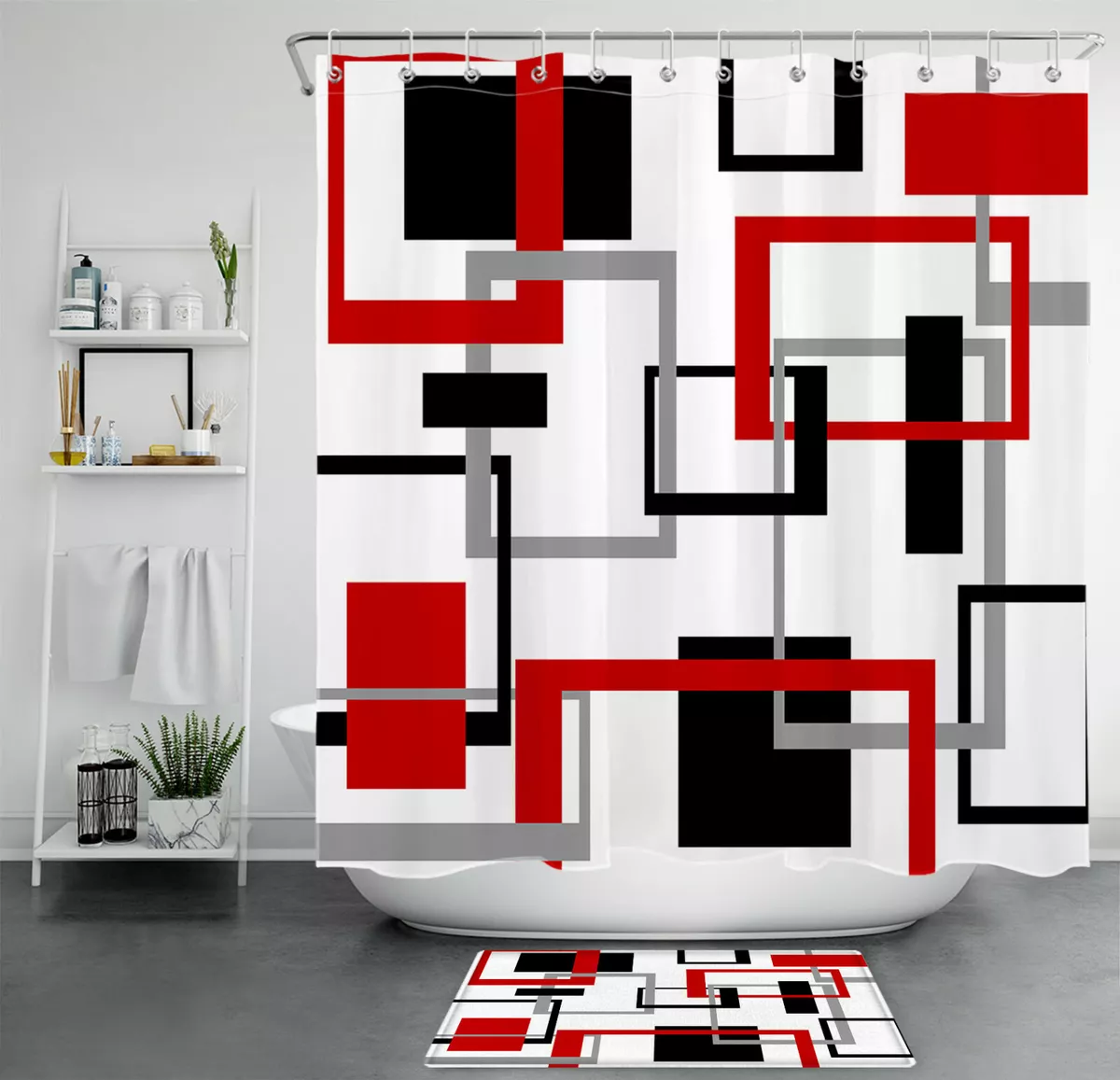 Red Black Gray Abstract Geometric Pattern Shower Curtain Sets For Bathroom Decor