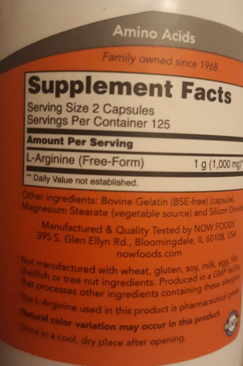 Now LArginine Free Form Amino Acid 500Mg 250 Vegetarian Capsules PIlls