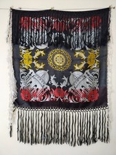 Vintage Taj Mahal satin Silk Piano Shawl WWII fringes Scarf black tablecloth