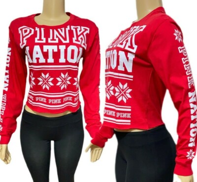 Victorias Secret PINK Nation Vacanza Corta Manica Lunga Girocollo Tee Top  Rosso | eBay