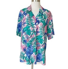 Vintage 90s Leaves Print Tropical Shirt Top Women Size Medium Hawaiian Travel