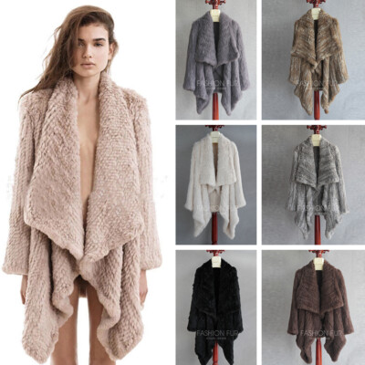 Women Real Knitted Rabbit Fur Coat Big Lapel Warm Fur Outwear Jacket Top Quality