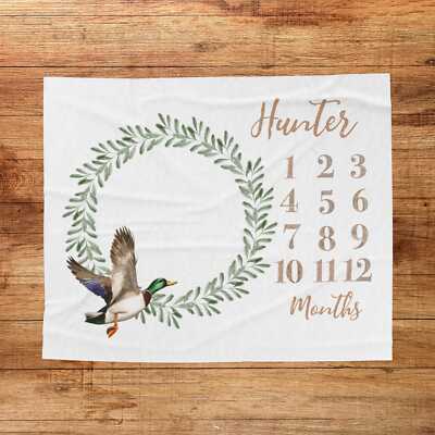 Personalized Baby Milestone Blanket - Olive Leaf Duck Design Monthly Growth 