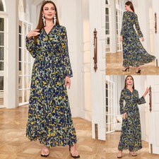 Dubai Women V-Neck Long Dress Evening Chiffon Abaya Muslim Robe Party Islamic