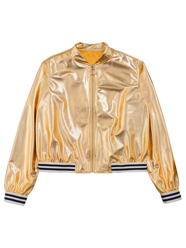 Kids Girls Long Sleeve Outerwear Zipper Closure Striped Edge Bronzing Jacket - Picture 24 of 122
