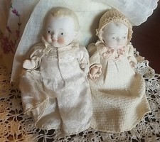 Antique Bisque Baby Dolls,Two 5 Inch String Jointed Dressed, Marked Japan, Linen