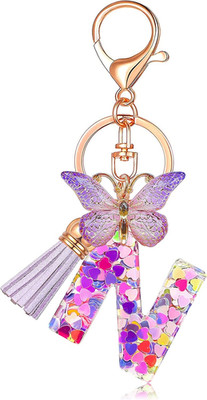 Initial letter Keychains for Women Tassel Butterfly Pink Purple Cute Car Keychai