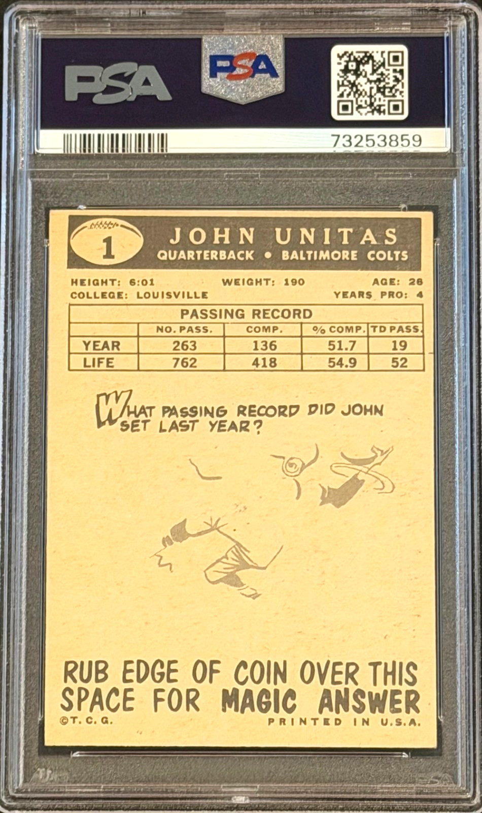 1959 Topps Johnny Unitas HOF #1 Baltimore Colts Very HIGH END PSA 3 VG view 2