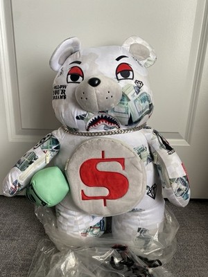 Sprayground Bear Medium Backpack White Red Green Black Plush Money Print