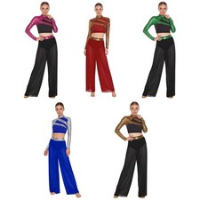Women Dancewear Ruffles Costumes Gold Outfit Pants Dance Back Two-Piece Cutout