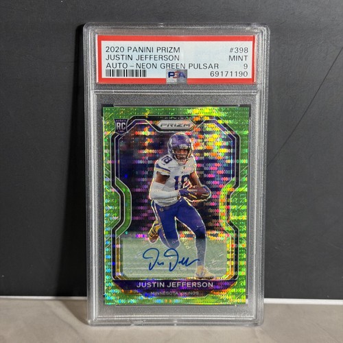 2020 Panini Prizm Justin Jefferson RC Rookie Auto Neon Green Pulsar #398 PSA 9