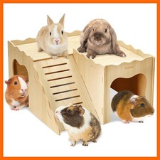 Upgraded Wooden Guinea Pig Hideout with Stair  Loft 2 Tier Detachable Cavy C...