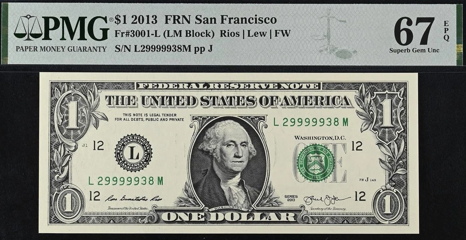 2013 $1 FRN PMG 67EPQ - Rare Fancy Serial Numbers 19999938 29999938 39999938 - Image 4 of 4