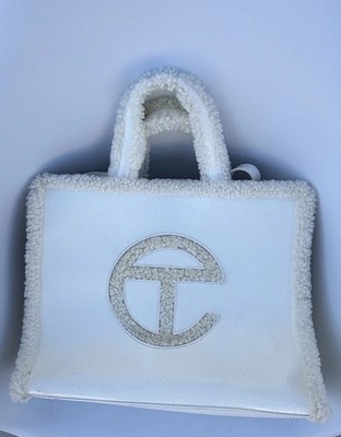 UGG x Telfar White Shearling Trim Satchel Top Handle Zip/Snap, Dust Bag