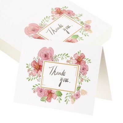 50Pcs Thank You Cards, Floral Folded Blank Cardstock, Pink Wreath Style