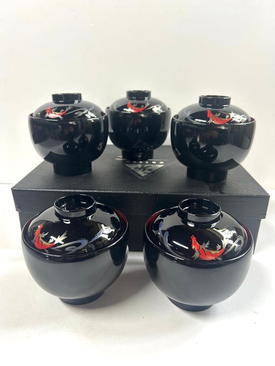 Soup Bowls with Lids Kansai Yamamoto Yamanaka Lacquerware 5pcs Set Japan Unused