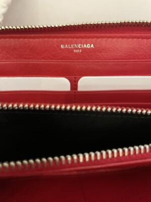 BALENCIAGA Authentic Red Leather Zippy Zip-Around Wallet Men Women