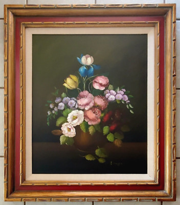 VINTAGE OIL ON CANVAS STILL LIFE BOUQUET PAINTING SIGNED VITO RUGGERI ITALIAN
