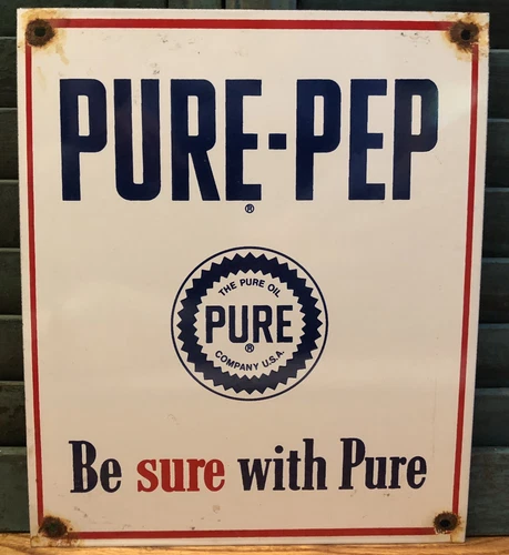 VINTAGE PURE PEP GASOLINE / MOTOR OIL PORCELAIN GAS PUMP SIGN