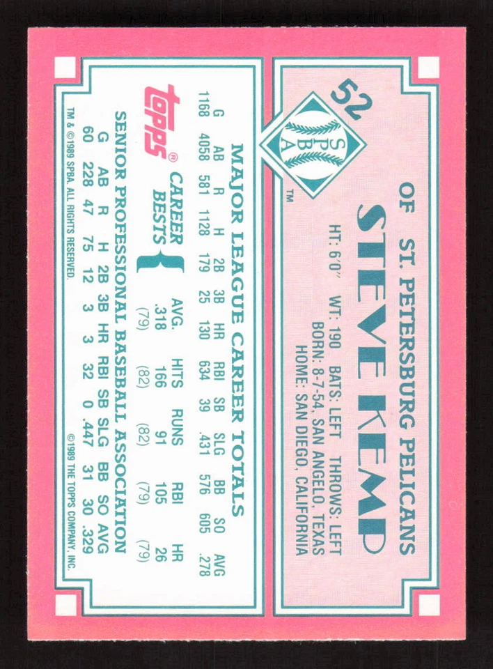 1989 Topps Senior League #52 Steve Kemp St. Petersburg Pelicans - Image 2 of 2