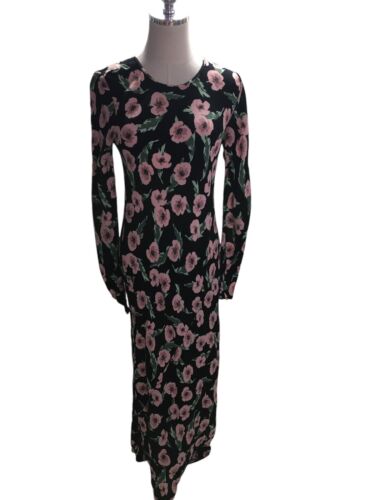 Zara Dress Women's Size XL Black Pink Floral Long Sleeve Maxi