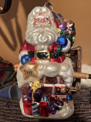 VTG 10 Glass Hand-Painted Santa Christmas Ornament 1999 Going Down Chimney