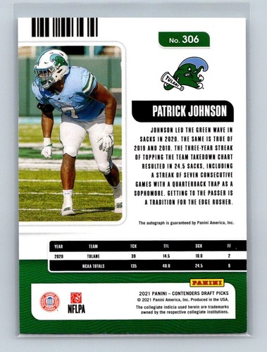 Boleto universitario Panini Contenders 2021 selecciones del draft automático Patrick Johnson #306 radiocontrol - Imagen 2 de 2