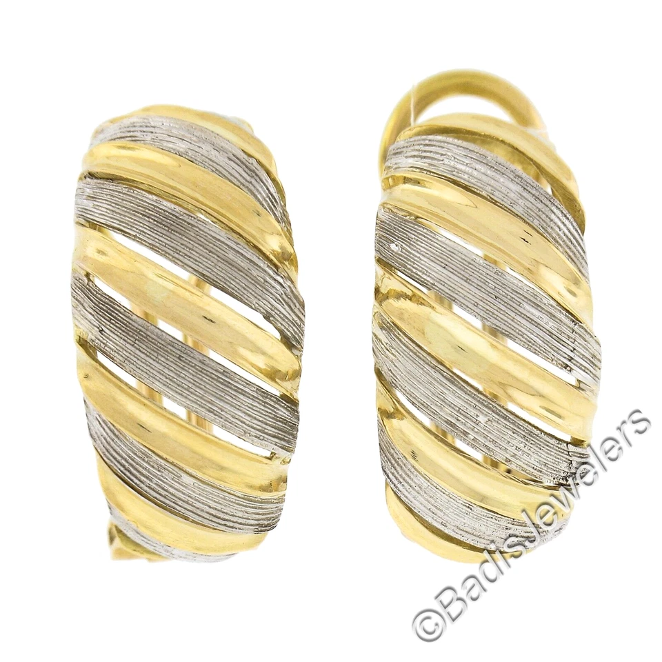 Italian 18k TT Gold Large Wide 11.2mm Textured Domed Omega Back Cuff Earrings - Image 2 of 4