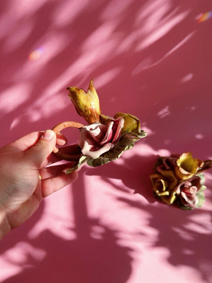 Pair Of Vintage Capodimonte Flower Candle Holder Chamber Candlesticks Italy Made - Image 3 of 4