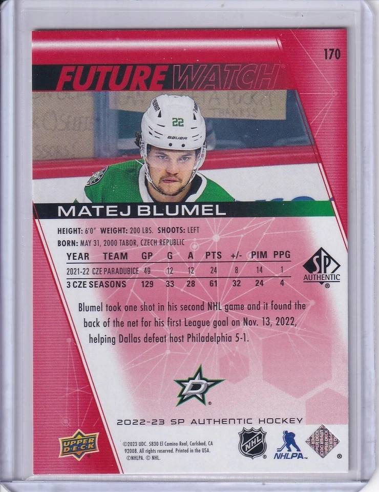 Matej Blumel 2022-23 SP Authentic Limited Red Future Watch #170 Dallas Stars - Image 2 of 2