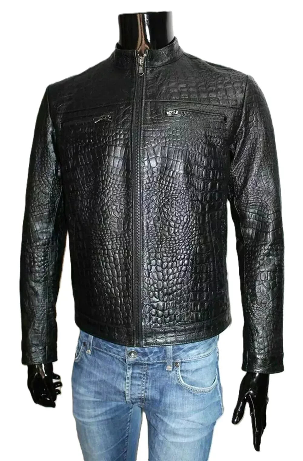 Men's Black Real Leather Crocodile Embossed Jacket Biker Alligator Print Jacket