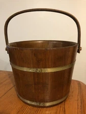 Vtg Primitive Wooden Sugar Firkin Bucket w/ Wood Handle & Metal Bands