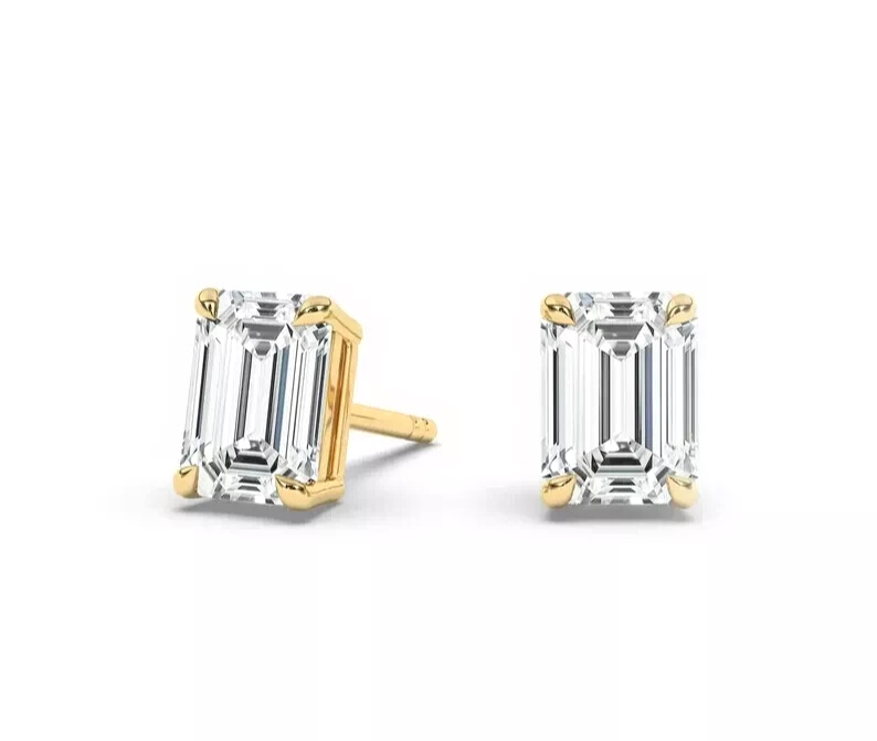 2.00 Ct Emerald Lab Grown/CVD Diamond Solitaire Stud Earrings 14K Yellow Gold