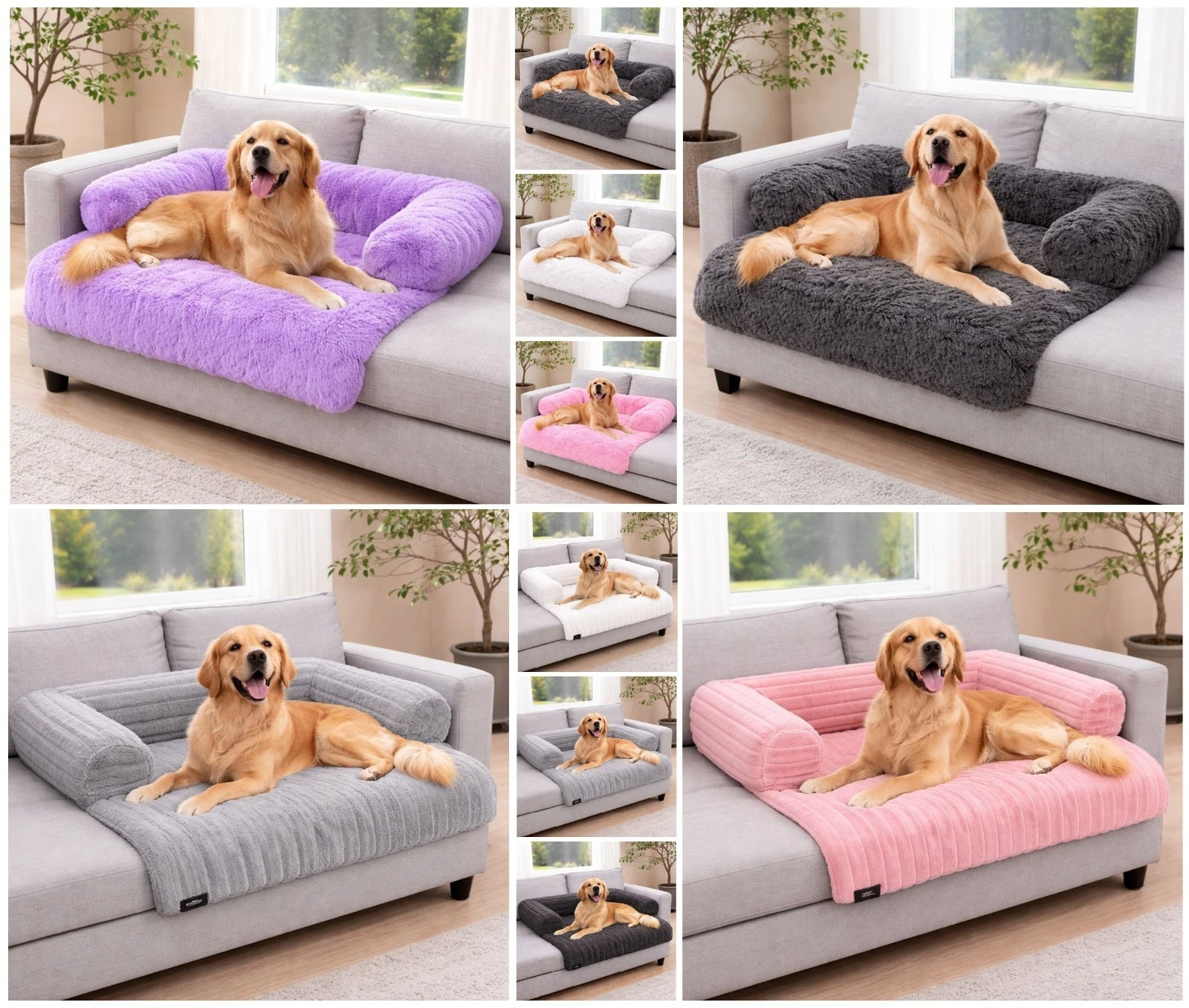 Pet Dog Bed Sofa / Floor Plush Fur Waterproof Raised Side Non Slip Base 2 Design