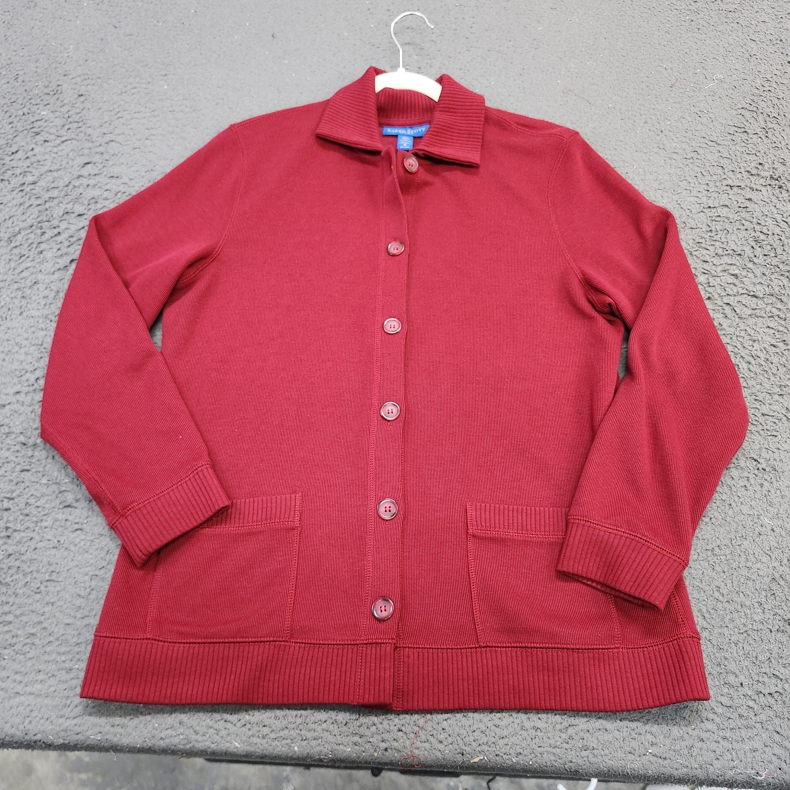 Karen Scott Sport Cardigan Sweater Womens Medium Red Collared Button Knit
