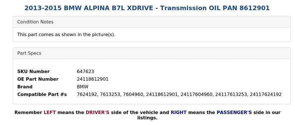 BMW ALPINA B7L XDRIVE 2013-2015 - Transmisión cárter de aceite 8612901 Foto 3 de 3