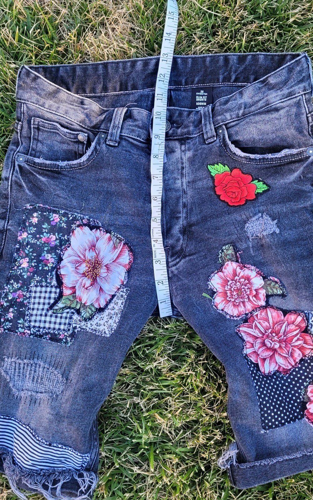 Black Upcycled Patchwork Denim Button Fly shorts-… - image 18