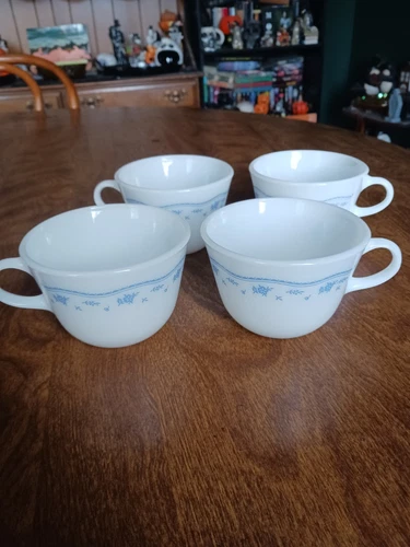 Vintage Pyrex Morning Blue Coffee / Tea Cups Set Of 4